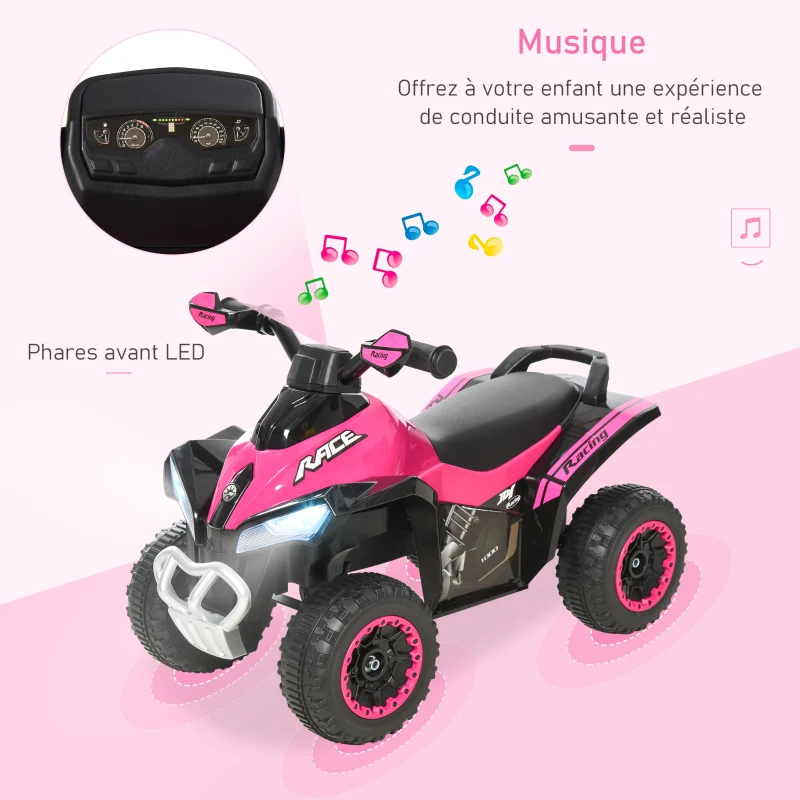 HOMCOM Porteur Enfants Quad 18-36 Mois dim. 67L x 38l x 44H cm Effets Lumineux et sonores Rose Noir PAS ÉLECTRIQUE(m-4)