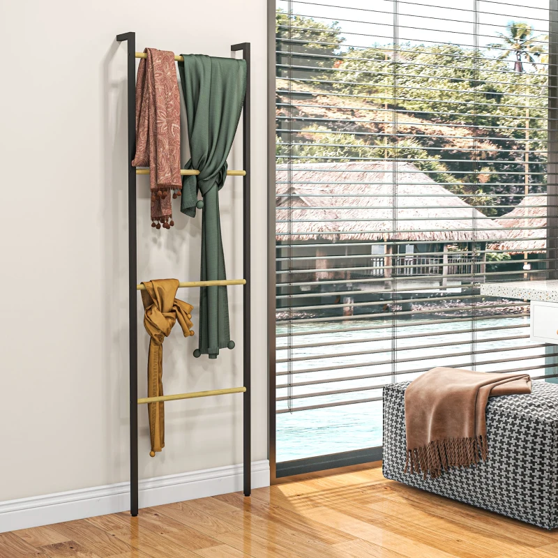 HOMCOM Toallero Apoyado en la Pared Toallero de Baño con 4 Barras de Bambú y Marco de Acero 49x5,5x167,5 cm Negro y Natural