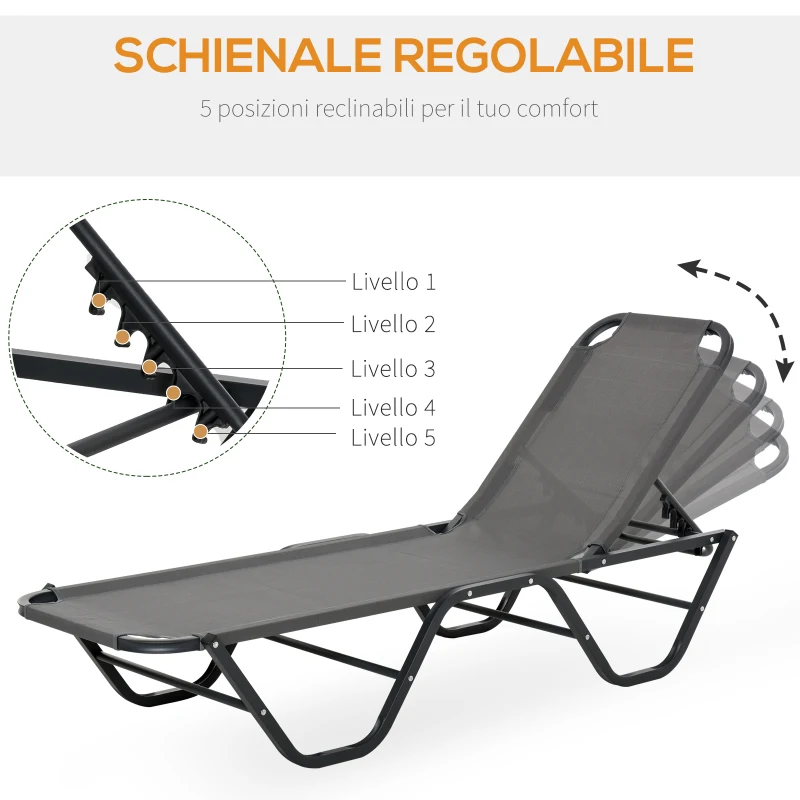Outsunny Lettino Prendisole in Alluminio con Schienale Reclinabile a 5 Livelli, 163x58.5x91cm, Grigio