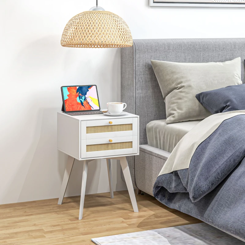 HOMCOM Lot de 2 tables de chevet tables d'appoint 2 tiroirs façades rotin tissé style bohème 40 x 40 x 60 cm blanc