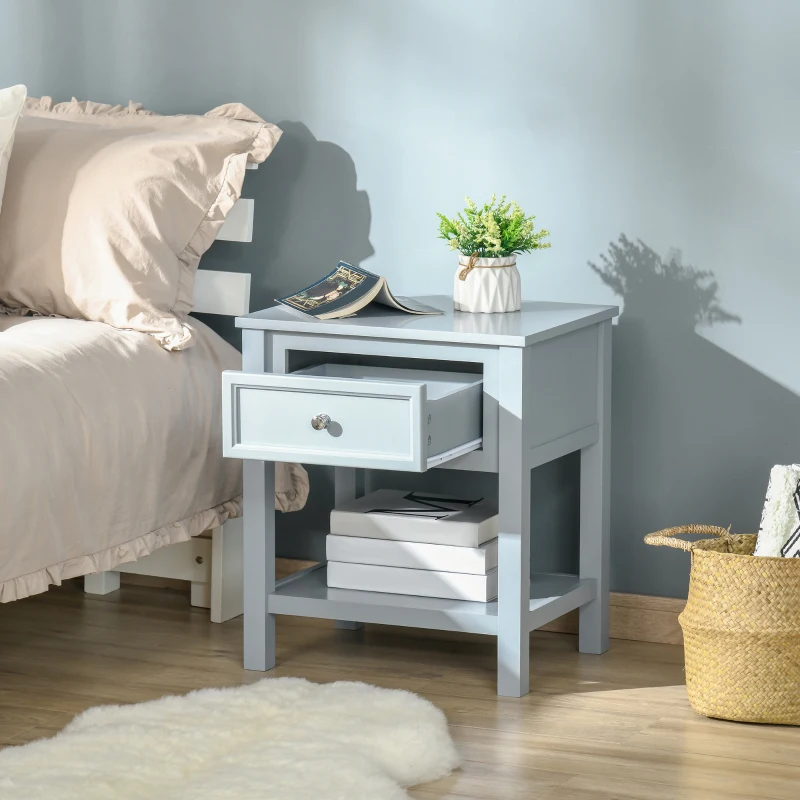 HOMCOM Bedside End Table Nightstand w/ Drawer Open Shelf Table Top Metal Handle Classic Home Stylish Furniture Grey
