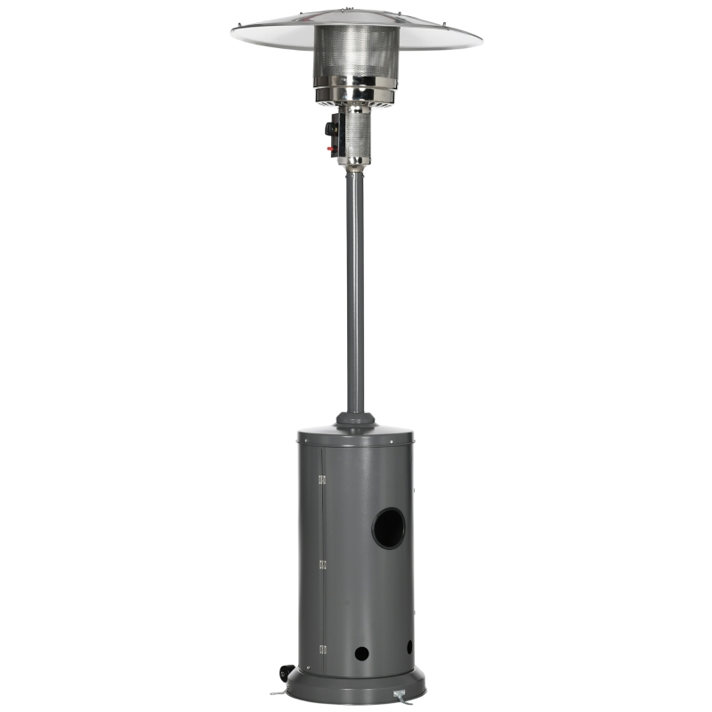 Outsunny Parasol Chauffant 12,5 KW Chauffage d'extérieur gaz Chauffage de terrasse - Double sécurité - Puissance réglable - roulettes - détendeur et tuyau de gaz fournis Acier INOX. Gris