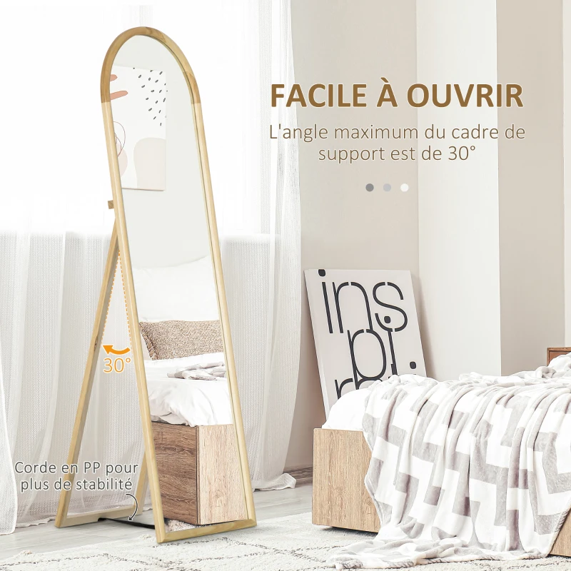 HOMCOM Miroir sur pied miroir de sol en bois rectangulaire arrondi avec support style scandinave dim. 148L x 41l cm