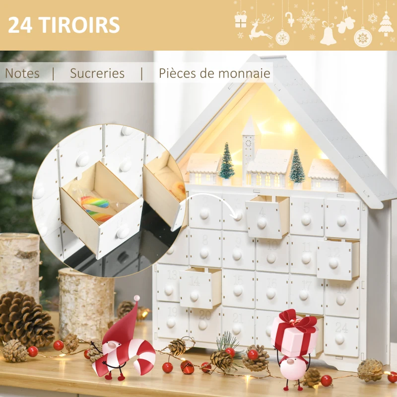 HOMCOM Calendrier de l'Avent LED - 5 lumières Blanc Chaud - 24 tiroirs - décoration Lumineuse de Noël - Blanc