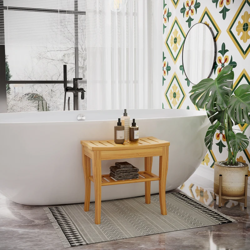 HOMCOM Sgabello da Bagno in Bambù Naturale con Ripiano Portaoggetti per Anziani e Disabili Portata 100kg 47.5x26x44.5cm