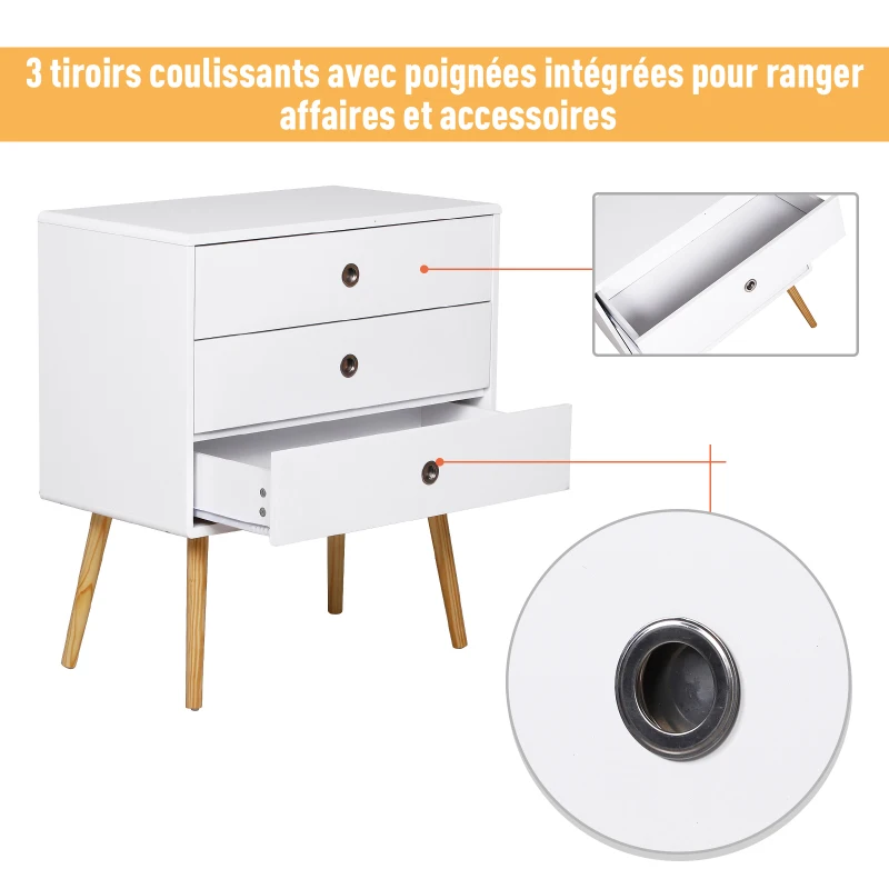 HOMCOM Commode meuble de rangement 3 tiroirs dim. 73L x 40l x 82H cm MDF blanc bois massif pin