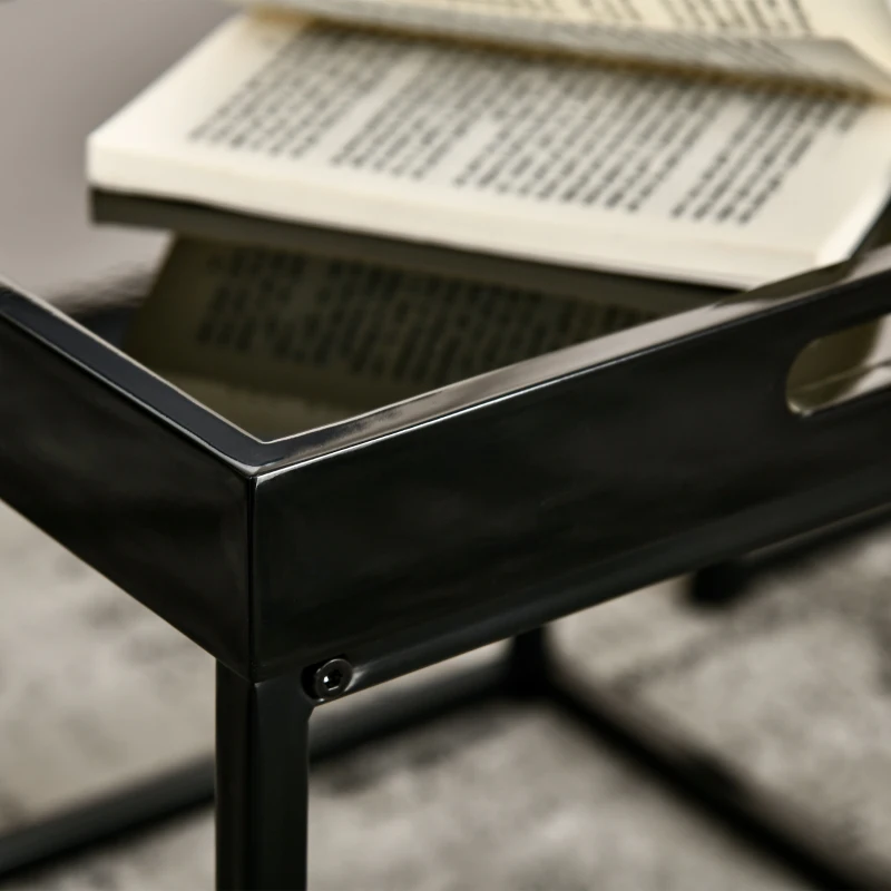 HOMCOM Set da 2 Tavolini da Caffè Impilabili con Finitura Lucida e Telaio in Acciaio, Nero