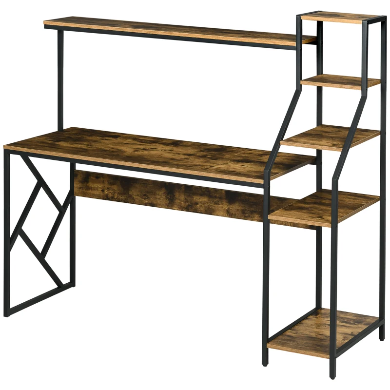 HOMCOM Computer Desk with Bookshelf, Industrial Writing Table with 6 Tier Storage Shelves for Home Office, Bedroom, Study, 150 x 55 x 138cm, Rustic Brown