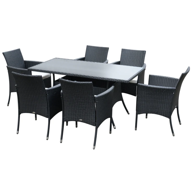 Outsunny Ensemble Salon de Jardin 6 Personnes - Grande Table rectangulaire, 6 fauteuils - 6 Coussins d'assise déhoussables Inclus - métal époxy Verre trempé 5 mm résine tressée Noire