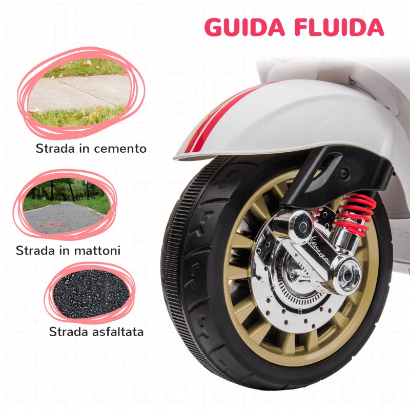 AIYAPLAY Moto Elettrica per Bambini a Licenza Vespa con Rotelle, Fanale e Musica, in PP e Metallo, 107x47x73 cm, Bianco