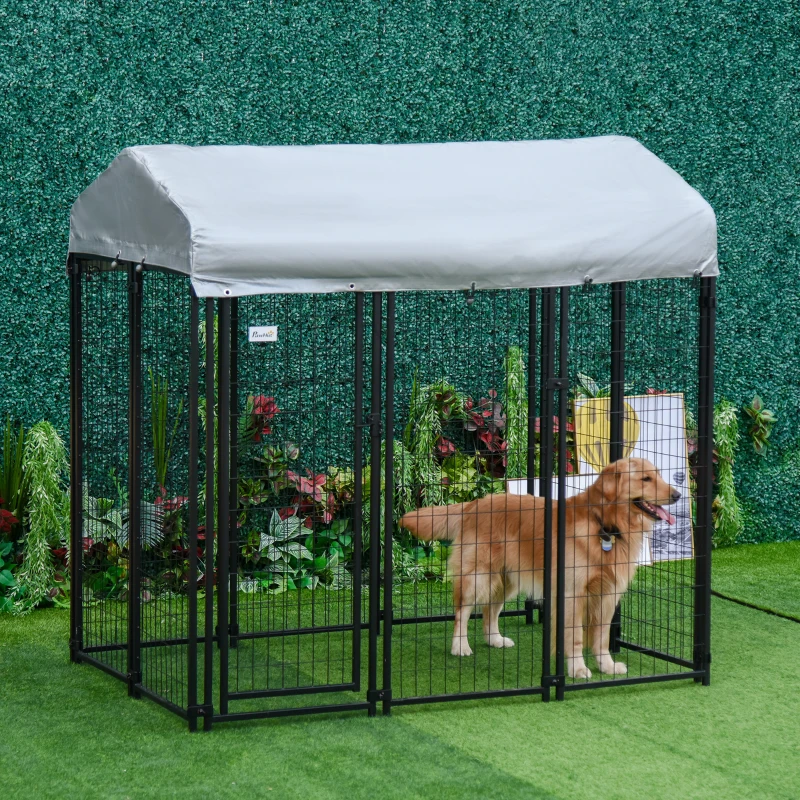 PawHut Outdoor Dog Kennel, Metal Dog Run, with Canopy, 183 x 121 x 183cm
