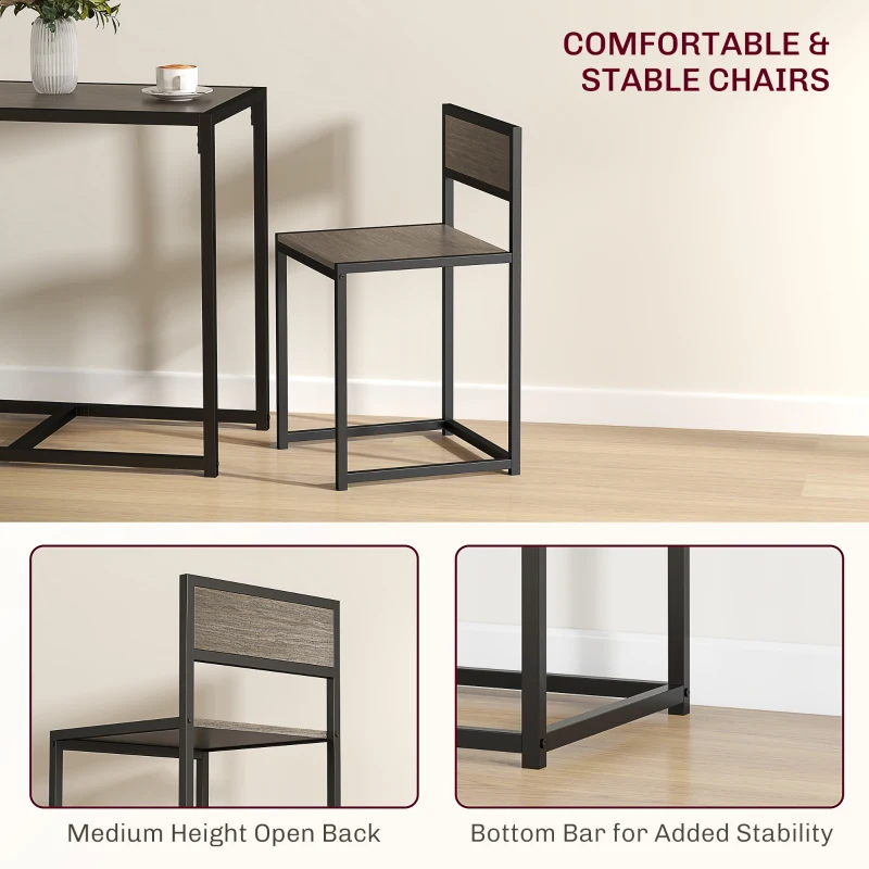 HOMCOM Dining Table and Chairs Set 2, Dining Room Sets, Rectangular Space Saving Table and 2 Chairs for Compact Kitchens, Steel Frame, Grey Wood-Effect