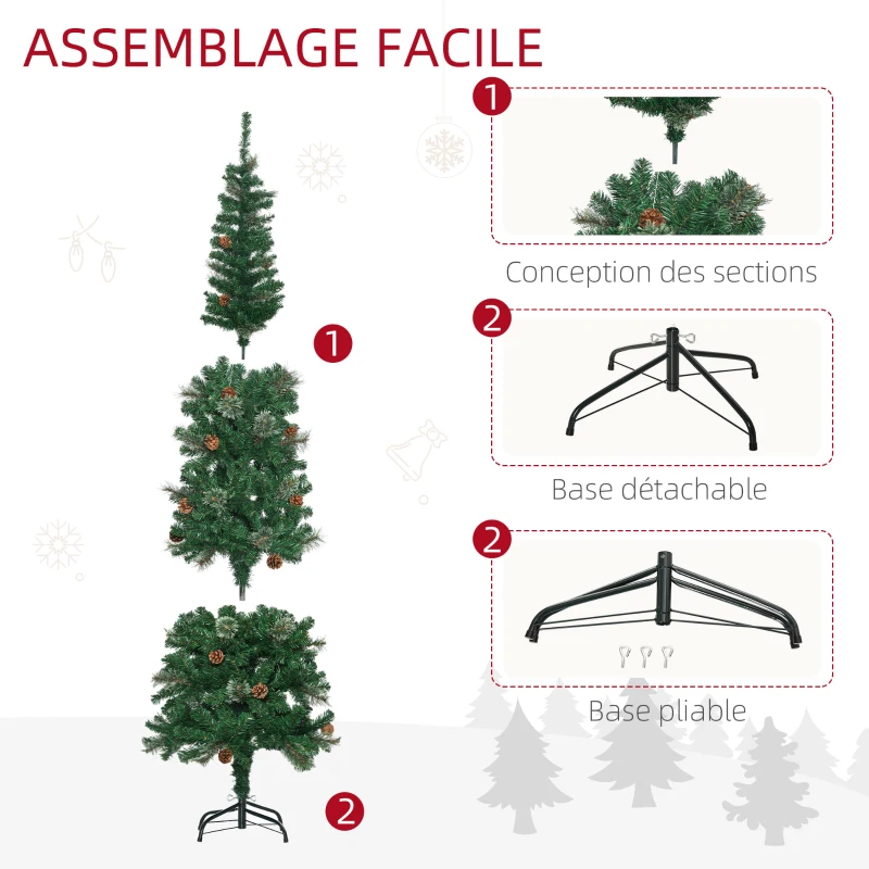 HOMCOM Sapin arbre de Noël artificiel 195 cm 556 branches avec 27 pommes de pin+ support pied pliable vert