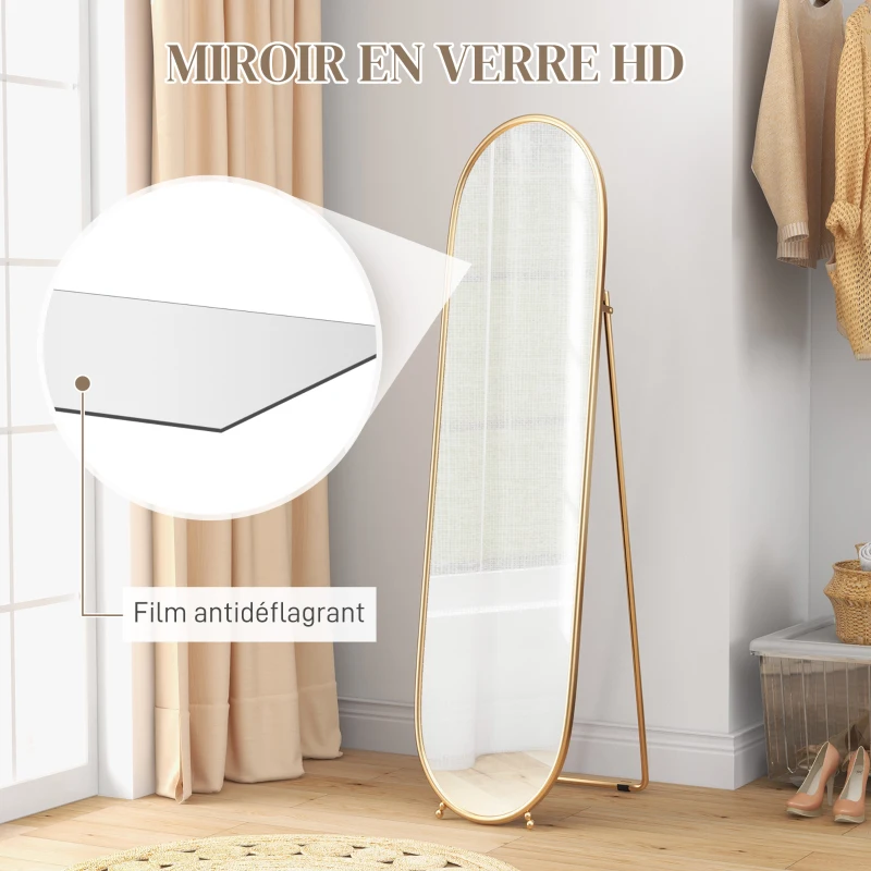 HOMCOM Grand miroir sur pied, miroir ovale, cadre en métal doré, avec support pour entrée, chambre, dressing, 40 x 160 cm