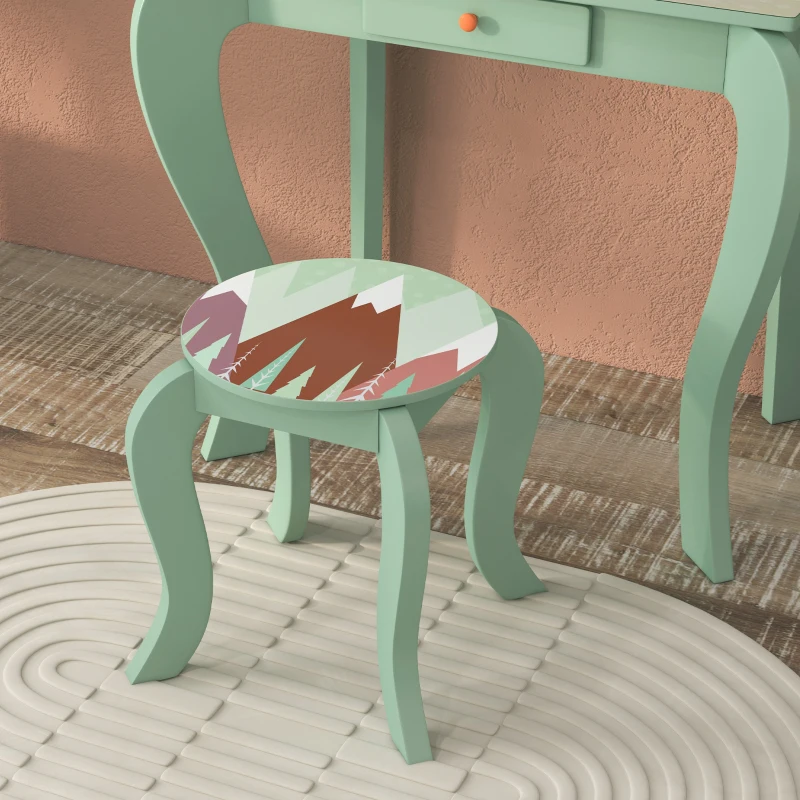 ZONEKIZ Kids Dressing Table with Mirror, Stool, Drawer, Cute Animal Design, Green