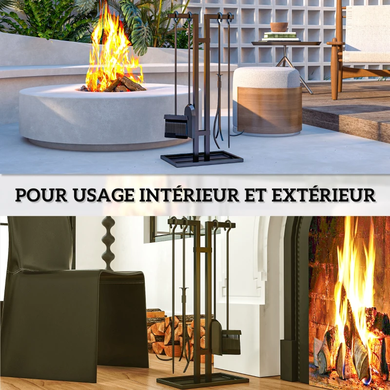 Outsunny Ensemble serviteur de cheminée 5 pièces, outils de cheminée, en métal, balai, pelle, pince, tisonnier et support, noir