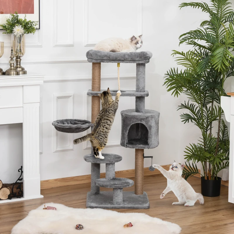 PawHut Árbol Rascador para Gatos Altura 120 cm Torre de Gatos con Plataformas Cueva Hamaca Postes de Yute 48x48x120 cm Gris