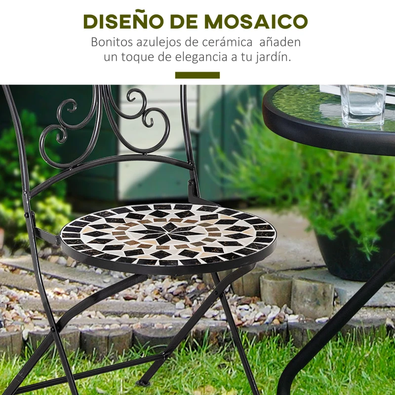 Outsunny Set de 2 Sillas de Jardín Plegables con Asiento de Mosaico Cerámico y Marco de Metal Carga 120 kg para Bistró Terraza Patio Exterior 40x50x92 cm Negro