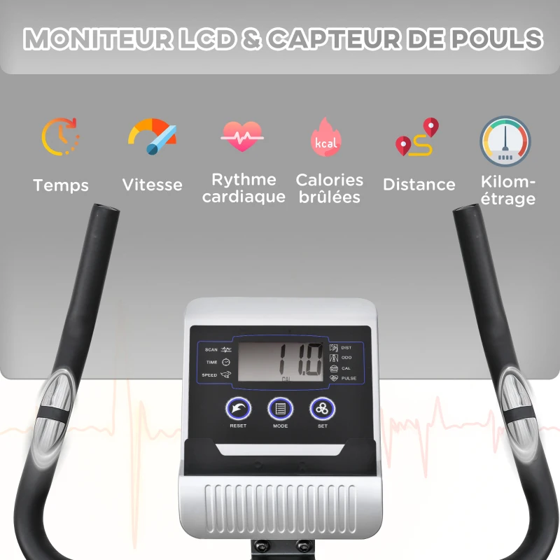 Vélo d'appartement volant d'inertie 8 Kg résistance magnétique 10 niveaux écran LCD multifonction capteur fréquence cardiaque selle réglable acier gris