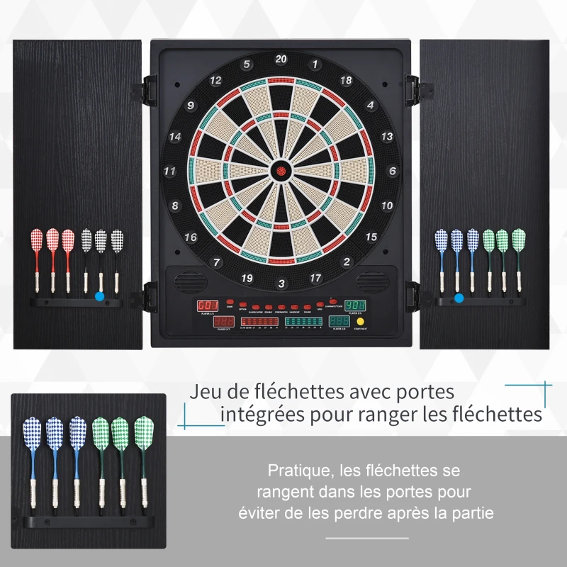 HOMCOM Cible jeu de fléchettes électronique refermable 27 jeux 202 variations jusqu'à 8 joueurs affichage LED haut-parleur 12 fléchettes et 30 pointes souples de rechange noir