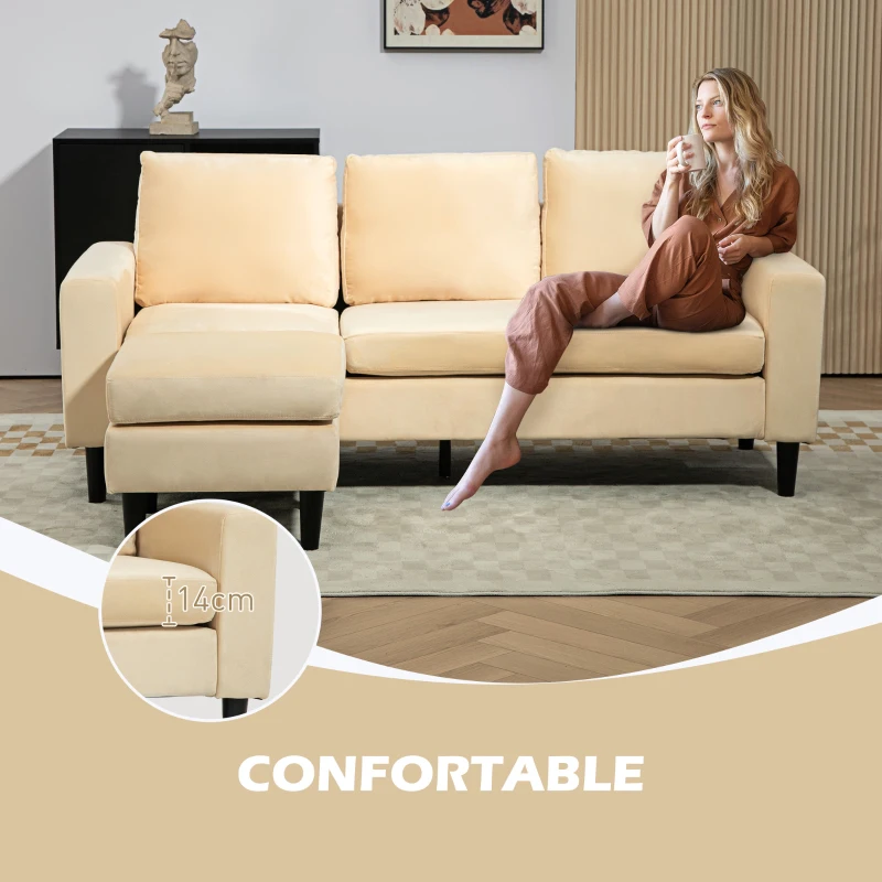 HOMCOM Canapé d'angle modulable avec pouf et 3 coussins, pieds en bois, tissu effet velours beige