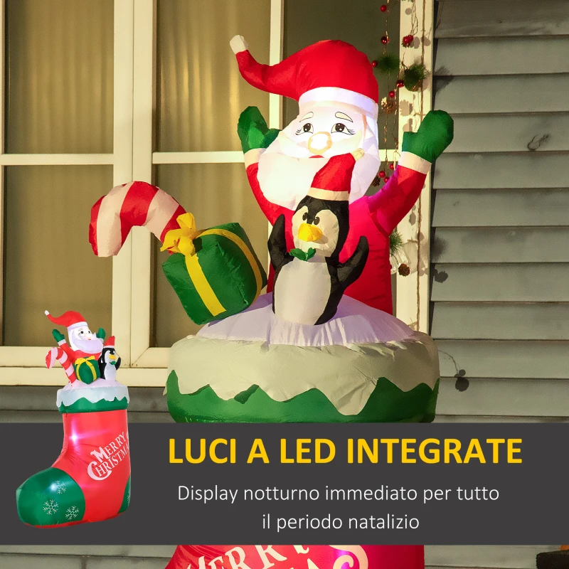 Outsunny Babbo Natale Gonfiabile con Pinguino e Calza Natalizia, Luci LED e Gonfiatore Incluso, 90x50x149cm