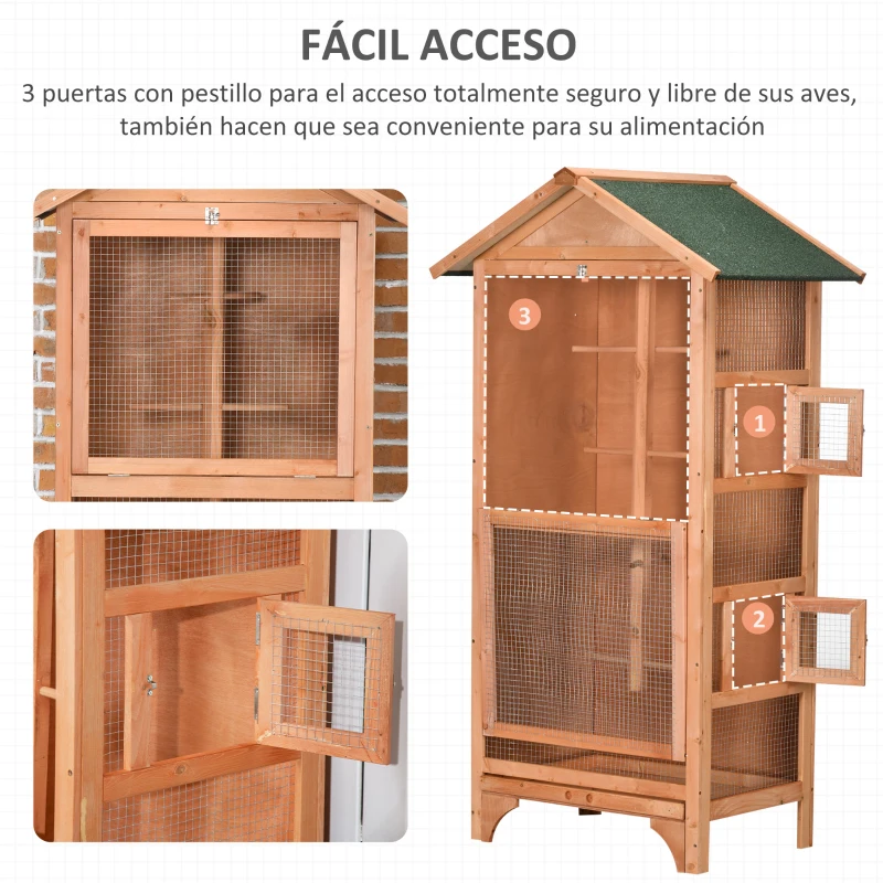 PawHut Jaula para Pájaros de Madera con 3 Puertas 4 Perchas Bandeja Extraíble y Techo Asfáltico 80,5x57x153 cm Natural