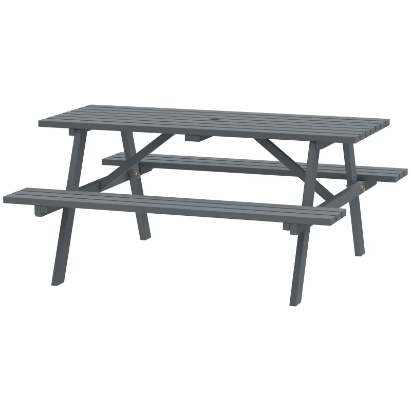 Outsunny 6 Seater Wooden Picnic Table Bench for Outdoor Garden or Patio with Parasol Cutout 150 cm Grey