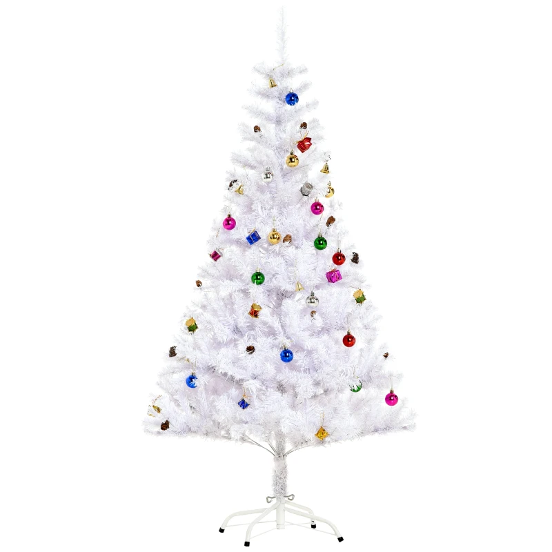 HOMCOM Albero di Natale Bianco 150cm con Addobbi e 680 Rami, Albero di Natale Innevato Artificiale in PVC
