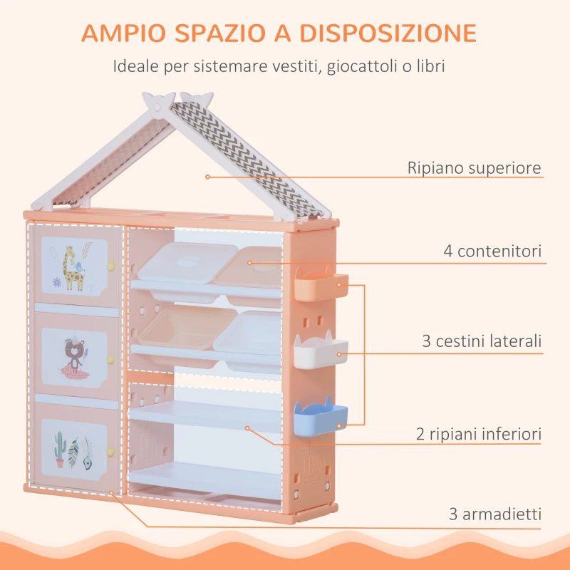 HOMCOM Armadio Cameretta, Mobile Portagiochi con 4 Contenitori, 3 Armadietti e Mensole in PE Arancione, 128x34x155cm