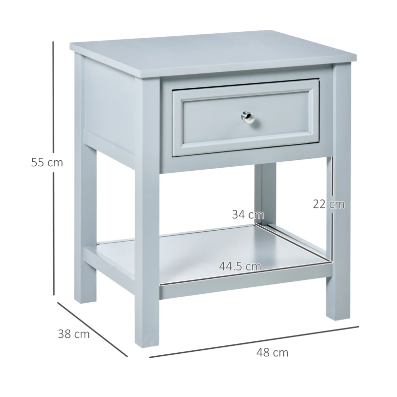 HOMCOM Bedside End Table Nightstand w/ Drawer Open Shelf Table Top Metal Handle Classic Home Stylish Furniture Grey