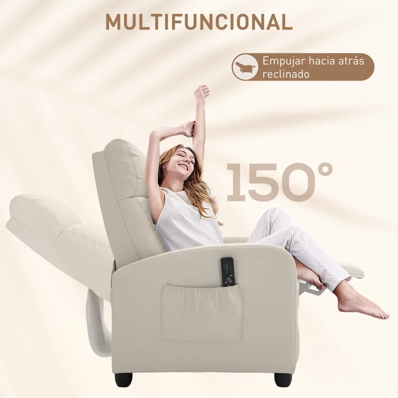 HOMCOM Sillón de Masaje Reclinable con Mando a Distancia Bolsillo Lateral y Temporizador Tapizado en PU 68x88x98 cm Crema