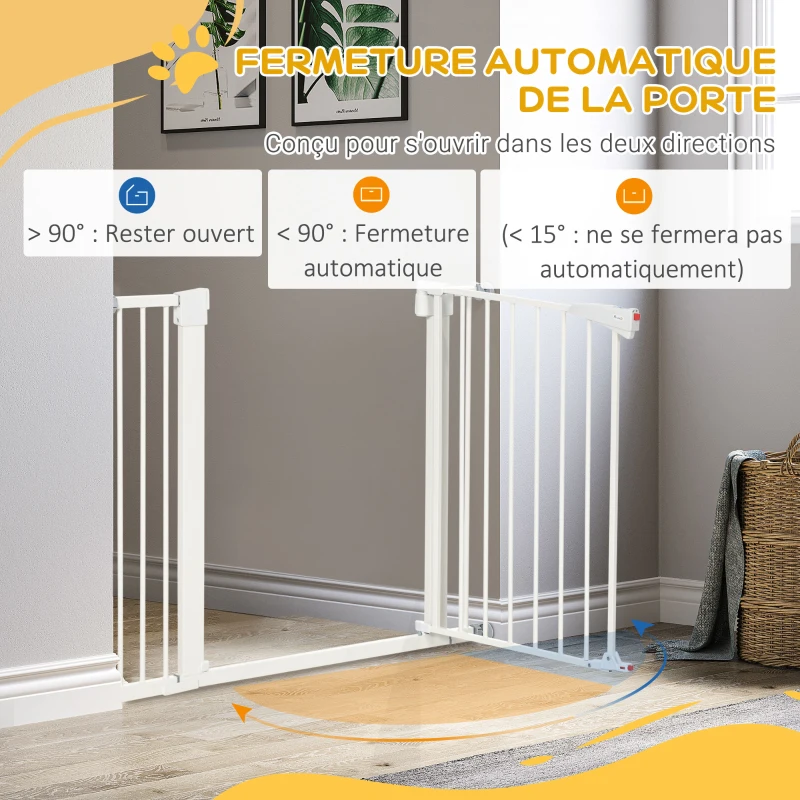 PawHut Lot de 2 barrières de sécurité pour chien animaux sans perçage avec fermeture automatique largeur 76-103 cm blanc