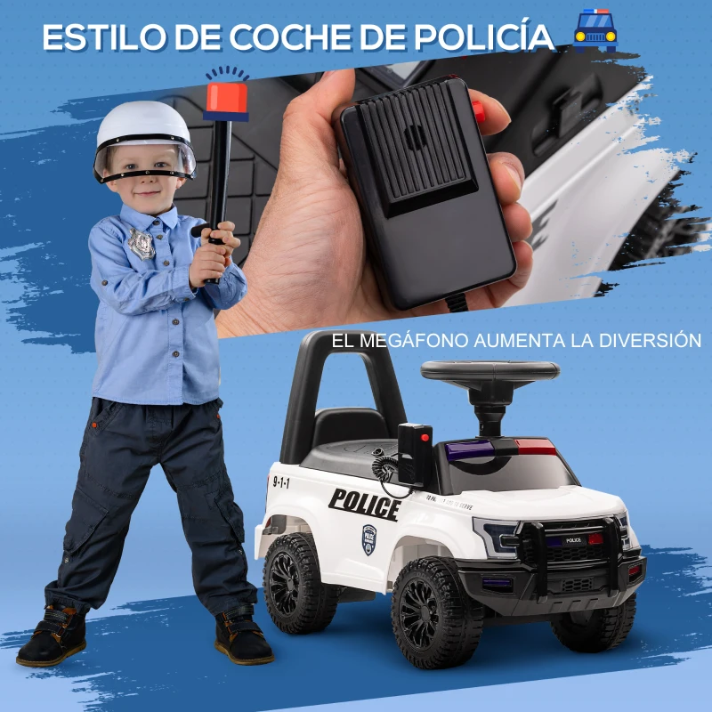 HOMCOM Coche Correpasillos de Policía para Bebé Coche sin Pedales con Megáfono y Almacenaje Oculto 62x29x43 cm Blanco