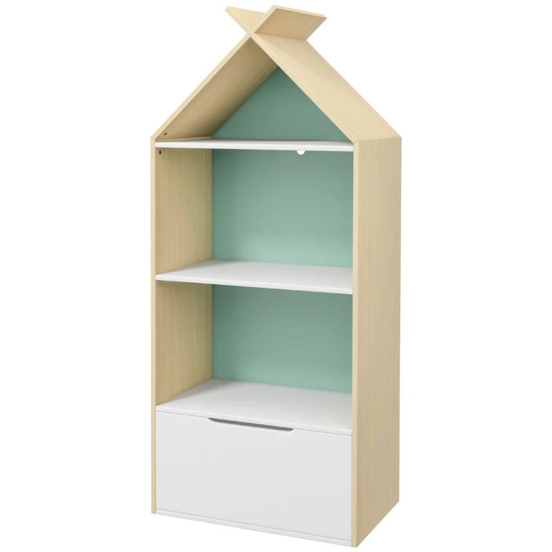 AIYAPLAY Kids Bookshelf with 3 Shelves, Drawer, Anti-tip Device, Anti-Slip Foot Cover, for Kids Room, Green