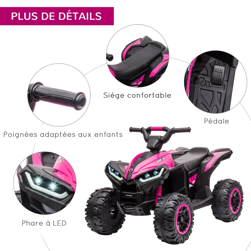 HOMCOM Quad buggy électrique enfant 12 V 6 Km/h max. effets lumineux selle pour enfant 3-5 ans métal PP noir rose(m-7)