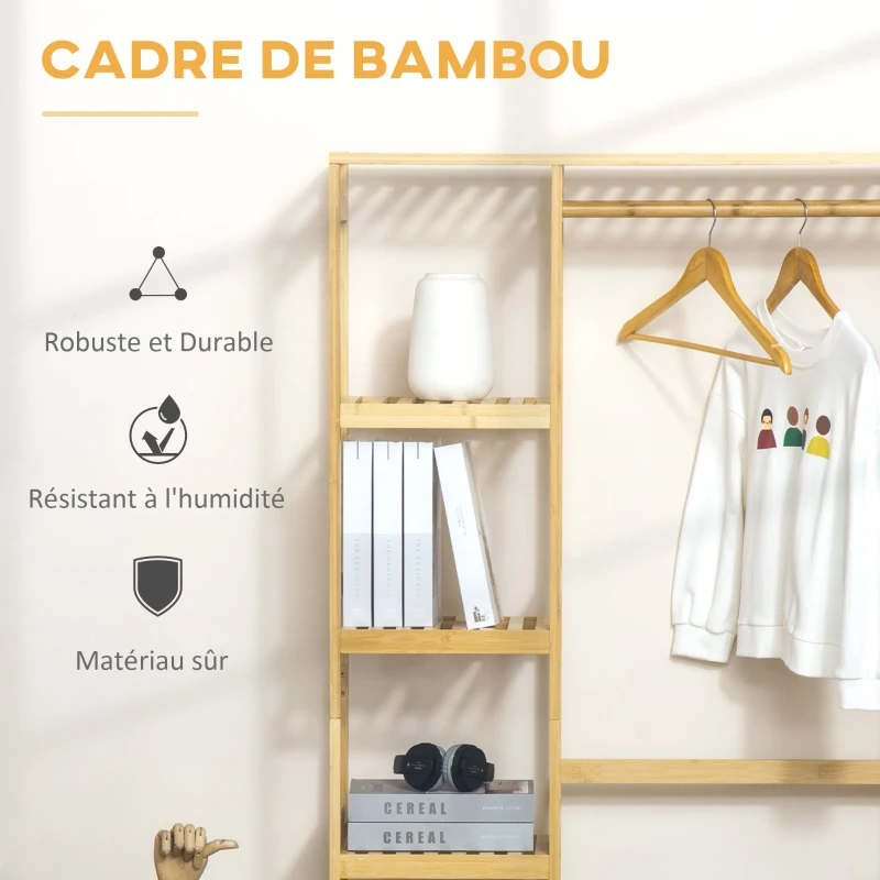 HOMCOM Portant à Vêtements Bambou Penderie Porte-Manteaux avec étagères, Tringle et 2 patères - dim. 90L x 30P x 155H cm