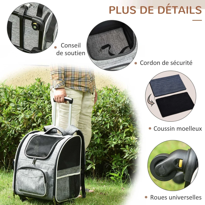 PawHut Sac de transport transporteur pour animaux 2 en 1 trolley chariot panier à roulette chariot sac à dos amovible respirable charge max. 10 kg tissu oxford gris