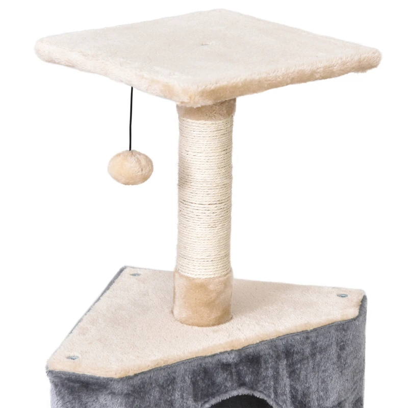 PawHut Árbol Rascador para Gatos con Cueva Juguete Colgante Rampa y Postes Rascadores de Sisal 40x40x98 cm Gris y Beige