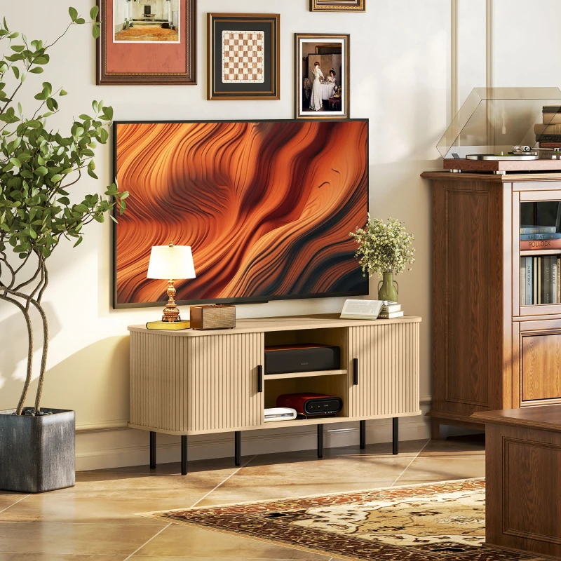 HOMCOM Dulap TV cu 2 Dulapuri, 2 Rafturi și 2 Orificii pentru Cabluri, Mobilier TV din Lemn, 120x40x55 cm, Lemn Natural