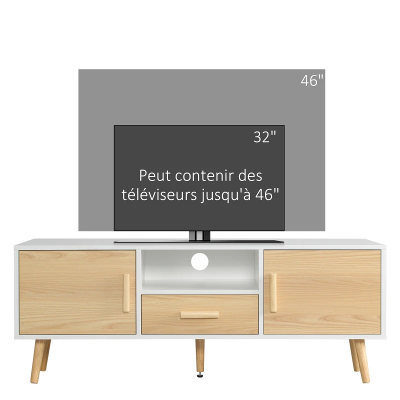 HOMCOM Meuble TV banc TV support TV pour télévision jusqu'à 46 pouces style scandinave avec 1 tiroir, 2 placards, 1 niche, 1 passe-câbles - 120 x 37 x 45,5 cm