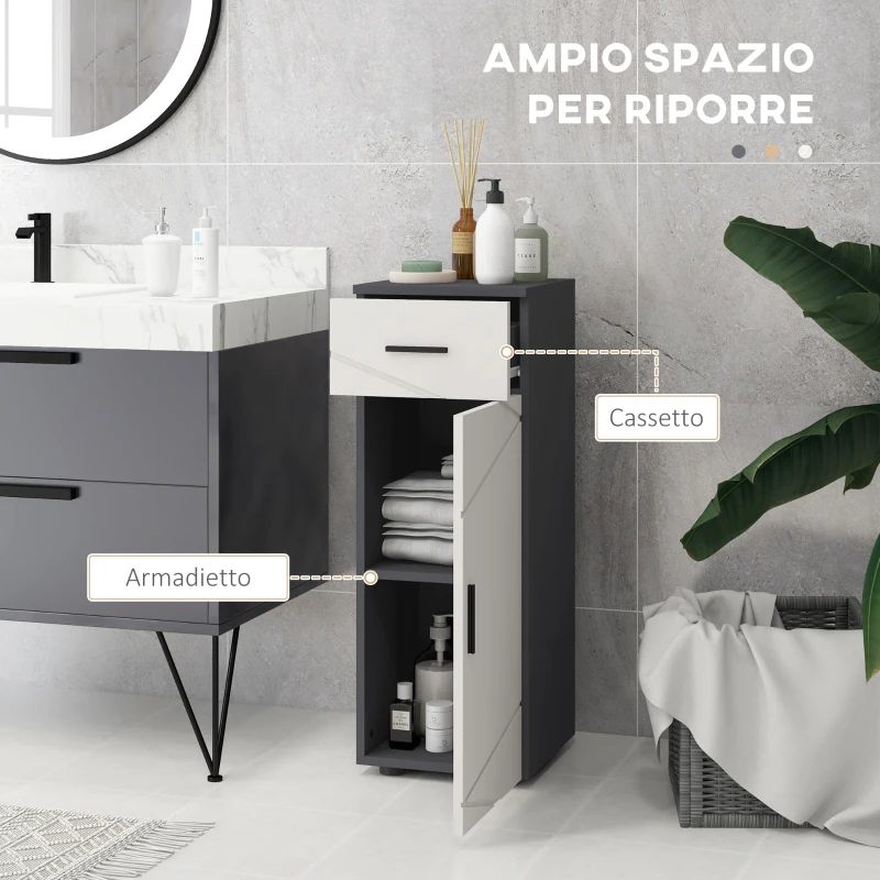 kleankin Mobiletto Bagno in Truciolato con Cassetto e Armadietto a 2 Livelli Regolabili, 30x30x82 cm, Grigio