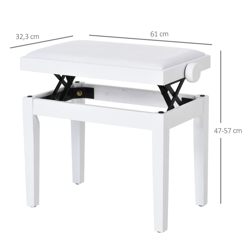 HOMCOM Banquette tabouret siège pour piano hauteur réglable 61L x 32l x 47-57H cm assise revêtement synthétique blanc