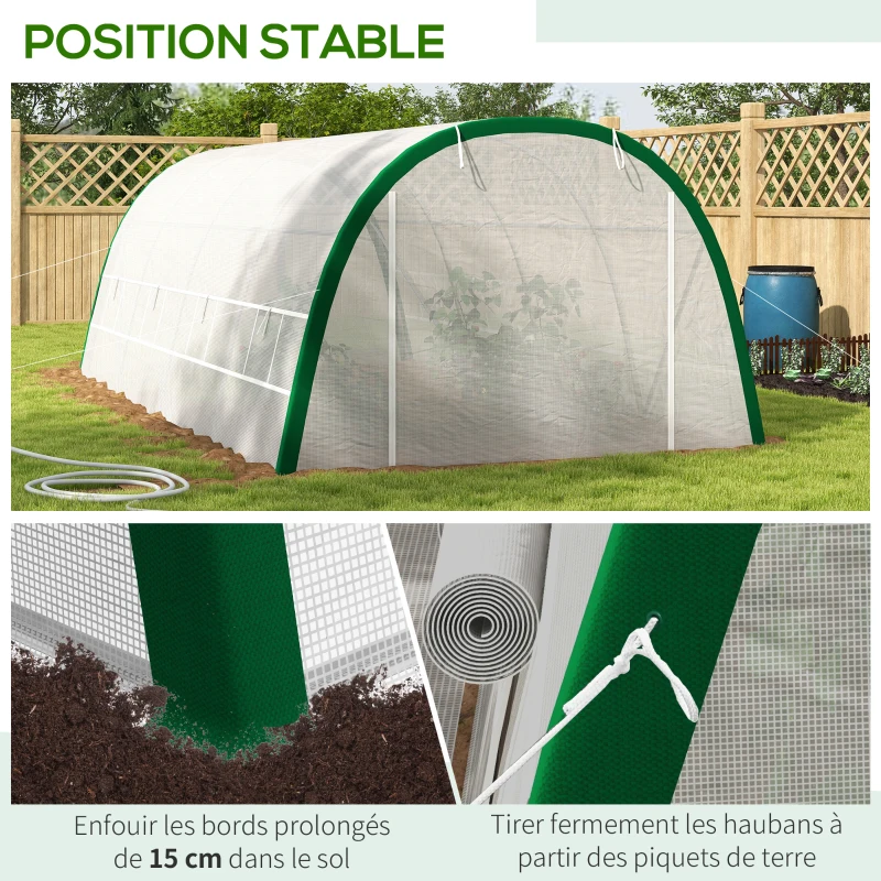 Outsunny Serre de Jardin Tunnel 18 m² dim. 6L x 3l x 2H m - 8 fenêtres, Porte zippée Enroulable, Acier galvanisé, bâche PE, Blanc