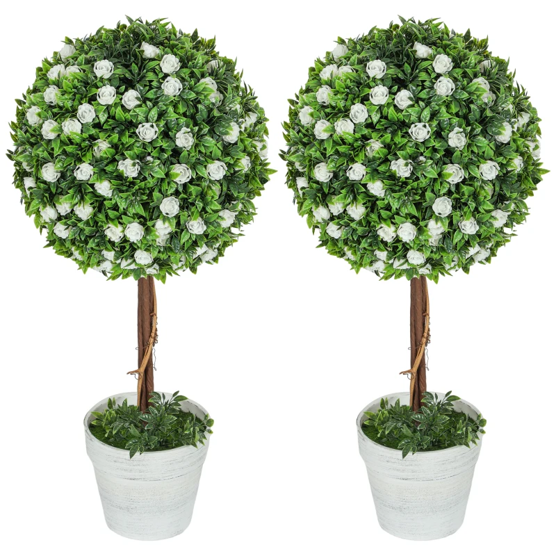 HOMCOM Set of 2 Decorative Artificial Plants, Ball Topiary Tree with Rose Flower in Pot, Fake Plants for Home Indoor Outdoor Decor, 60cm, White