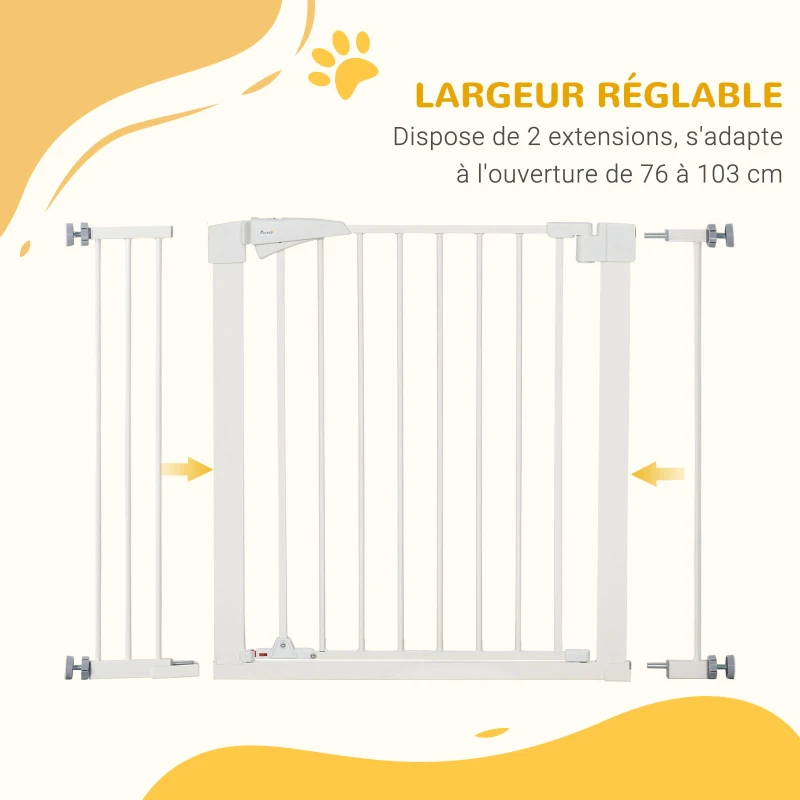 PawHut Lot de 2 barrières de sécurité pour chien animaux sans perçage avec fermeture automatique largeur 76-103 cm blanc