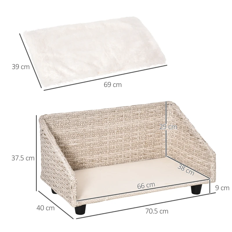 PawHut Cuccia per Cani e Gatti Rialzata in Rattan con Cuscino Lavabile Bianco, Lettino per Animali da Interno, 70.5x40x37.5cm, Beige