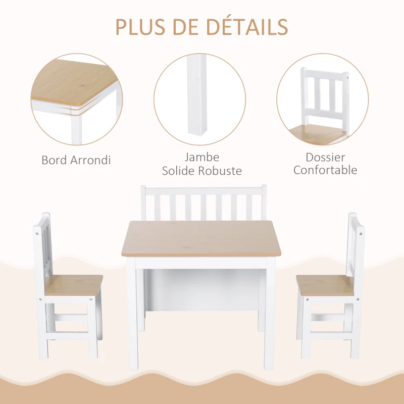 HOMCOM Ensemble de table et chaises enfant - set de 4 pièces - table, 2 chaises, banc coffre 2 en 1 - MDF pin blanc bois clair