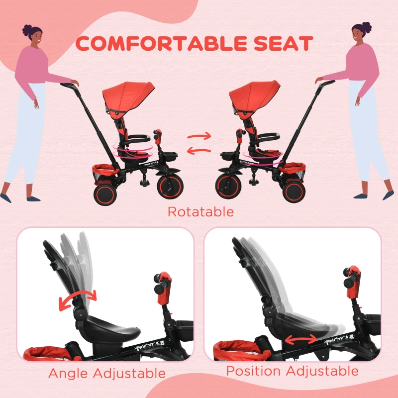 HOMCOM Multifunctional Kids Tricycle, with Rotatable Seat, Adjustable Push Handle - Red