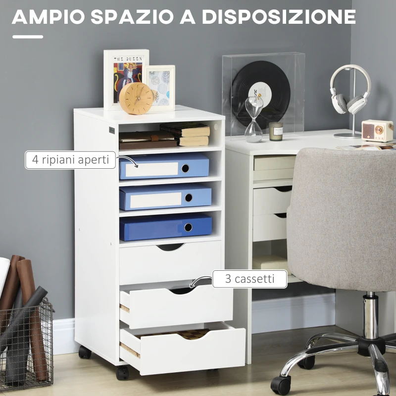 Vinsetto Cassettiera Ufficio con 4 Ruote 4 Ripiani 3 Cassetti, Schedario Portadocumenti in Legno MDF, 38x40x86.8 cm, Bianco